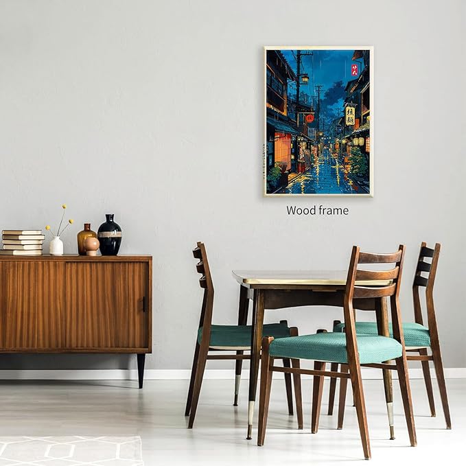 Japanese Tokyo Tea House Framed Canvas Wall Art Japanese City Street Cafe Scene Picture Print Modern Ukiyo-e Decor Poster for Japanese Home Bedroom Decorations Artwork16x24in