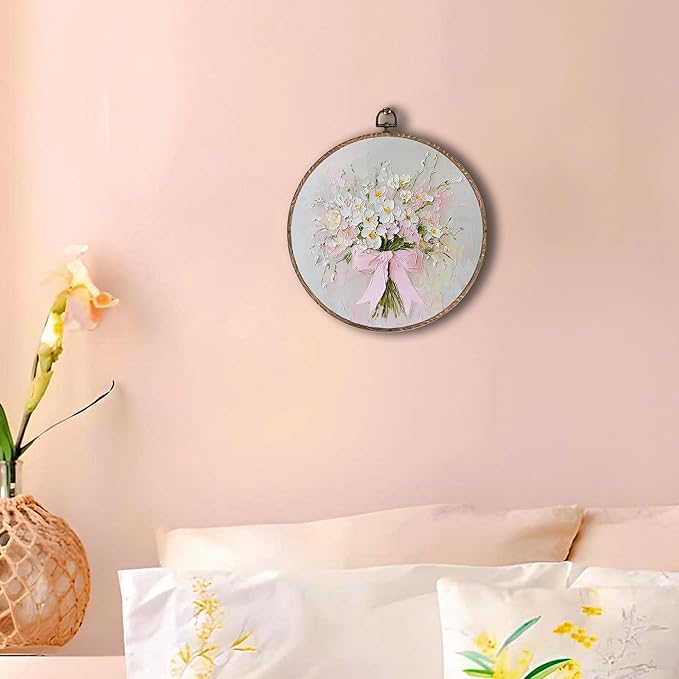 Hxlac Vintage Pink Bow Floral Bouquet Round Wall Art Framed, White Floral Round Wall Decor, Vintage Flower Hanging Canvas Prints Wall Sculptures for Bedroom Living Room Decor, 10x10 Inch