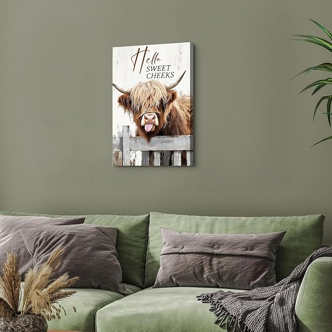 Highland Cow Canvas Wall Art Hello Sweet Cheeks Bathroom Decor Funny Cute Cow Picture Prints Poster Farmhouse Longhorn Wall Decor Rustic Wild Animals Paintings Country Home Decorations 16x24"