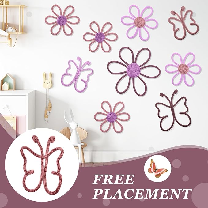 Wesiti 9 Pcs Boho Nursery Decor 3 Size Daisy Flower and Butterflies Woven Macrame Wall Hanging for Home Nursery Bedroom Dorm Wall Art(Fresh Color)