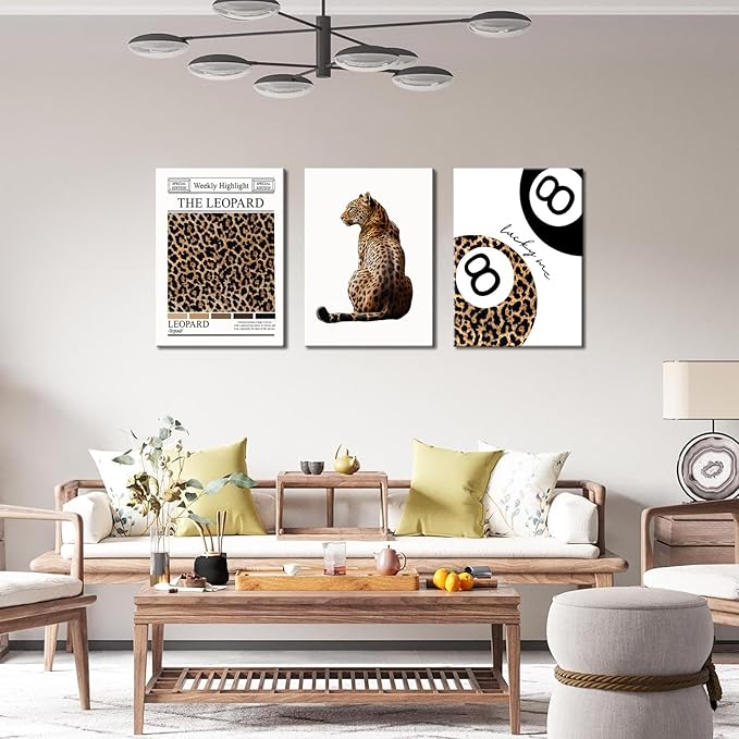 Set of 3 Trendy Leopard Canvas Wall Art Funky Lucky 8 Ball Posters Prints Preppy Room Aesthetic Cheetah Wall Decor Pictures for Girly Bedroom Apartment Dorm 12x16in