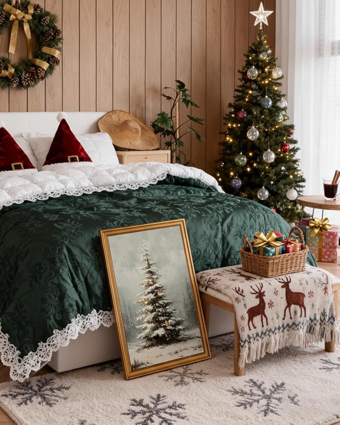 InSimSea Gold Framed Wall Art, Vintage Canvas Prints Decor, Christmas Tree Paintings Large Wall Decor, Farmhouse Pictures for Winter Xmas Bedroom Holiday Decoration Gifts, 16x24inch