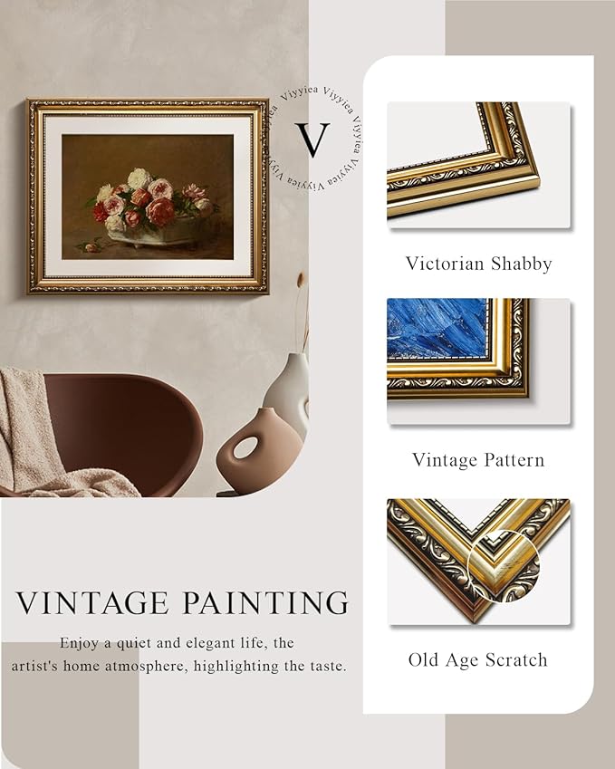 VIYYIEA Gold Framed Vintage Floral Roses Still Life Canvas Wall Art, Elegant Classical Wall Decor for Living Room or Bedroom | Lightweight Zero-Glare No Glass Design | 13x16 Inch