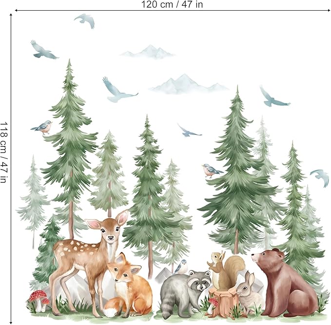 wondever Mountain Tree Wall Stickers Large Pine Tree Forest Animal Bear Fox Peel and Stick Wall Art Decals for Kids Room Baby Nursery Bedroom