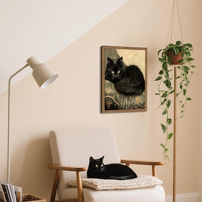 Black Cat Wall Art Framed, Vintage Cat Painting Print, Classical Animal Canvas Wall Decor, Rustic Cottagecore Aesthetic Pictures for Living Room Bedroom Home – 12x16 inch