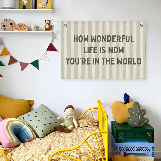 How Wonderful Life is Now Wall Art Decor, Sage Green Baby Room Nursery Linen Canvas Banner Wall Hanging Flag Decor for Toddler Girls Boys Room Playroom