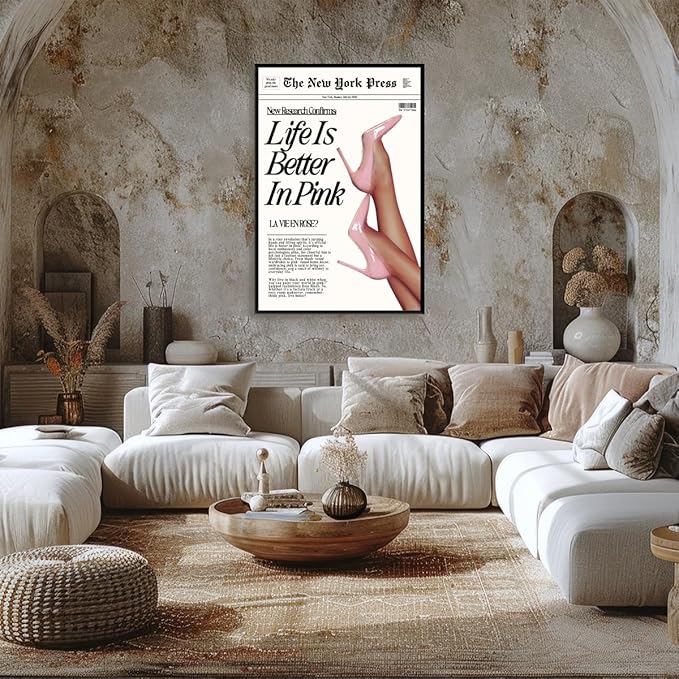 Trendy Baby Pink Poster 70s Canvas Prints The New York Press Wall Art Life Is Better in Pink Hot Girl Posters Preppy Aesthetic Decor Bedroom for Cool Girly Room Home Dorm 12x16inch black framed