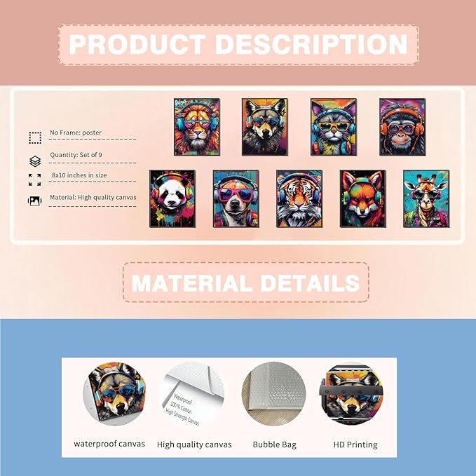 Ucninvd Graffiti Gaming Posters Wall Art Set of 9, Boys Gamer Controller Wall Decor Paintings, DJ Animals Earphone Picture Prints Boys Room Kids teeny for Room Bedroom Decoration 8x10In Unframed