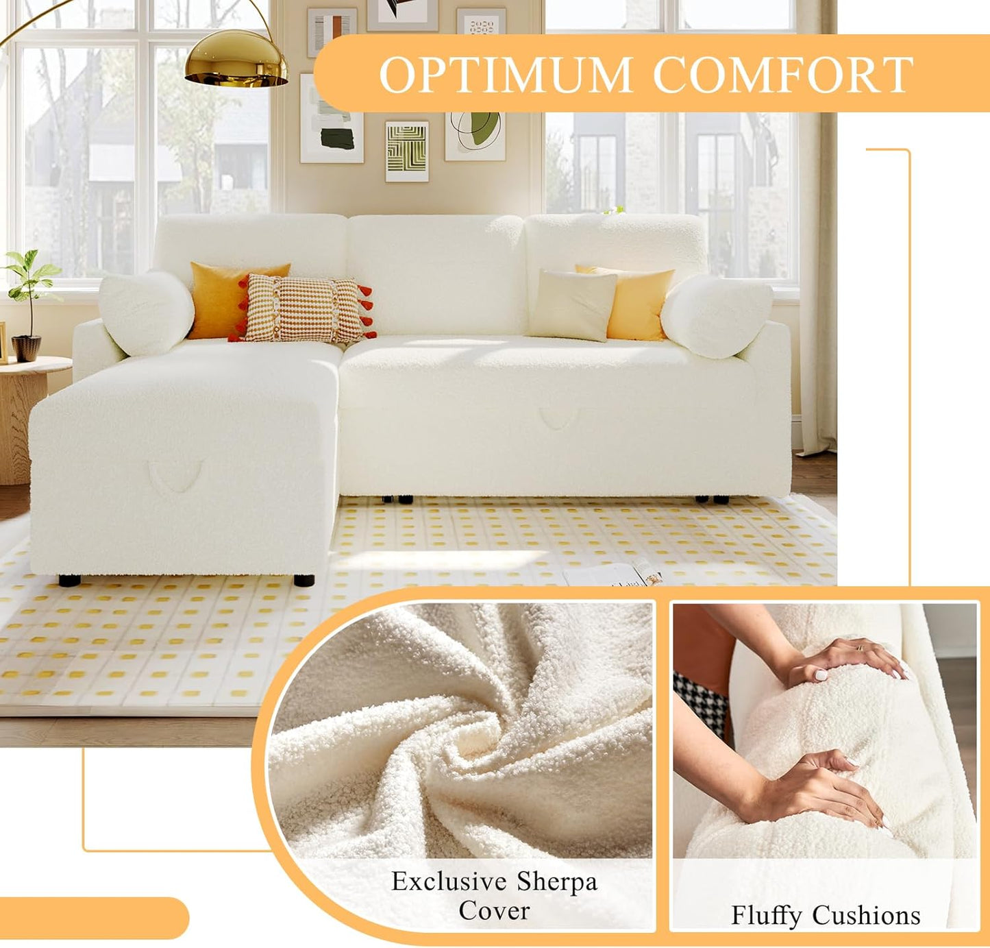 VanAcc Sofa Bed, Sleeper Sofa- 2 in 1 Pull Out Couch Bed with Storage Chaise for Living Room, White Sherpa 84in x 59in x 39in