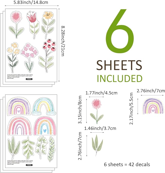 QUCHENG Nursery Wall Stickers Boho Kids Room Decor Girls Bedroom Removable Wall Decals Vinyl Murals DIY Cute Decorations 6 Sheets