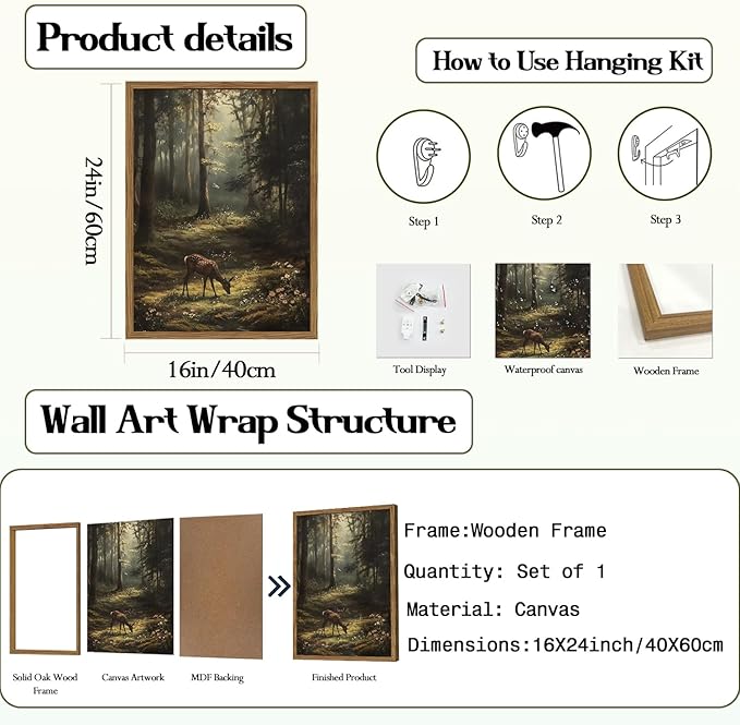 Framed Vintage Forest Deer Canvas Wall Art, Rustic Nature Landscape Paintings Wall Decor, Woodland Animal Pictures Prints Cottagecore Home Decor for Living Room Bedroom Office 16x24 inch