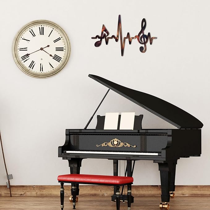 Blulu Metal Music Notes Wall Decor Sign Vintage Musical Heartbeat Wall Art Hanging Note Sign Treble Clef Decorations for Studio Bedroom Gallery Bar Birthday Party 15.75 x 9.04 Inches(Retro)