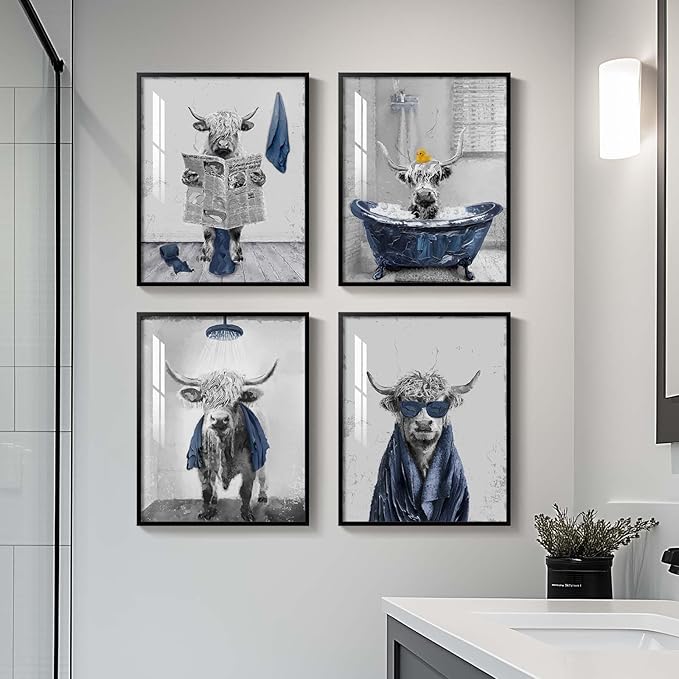 Framed Funny Highland Cow Wall Art for Bathroom Wall Decor, Set of 4 Piece Farm Fun Animal Navy Blue Prints Artwork for Walls, Cute Cow sitting on Toilet in Bathtub Pictures for Bathroom Decor Wall Art 11x14 Inch