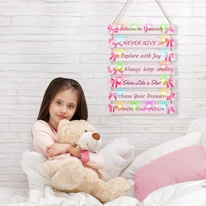 FIOBEE Girls Room Décor for Teen Girls Boys with LED Light Wall Decor for Bedroom Motivational Inspirational Wall Art Room Decoration for Kids Studyroom, 8 Kinds of Lights, Pink Bow