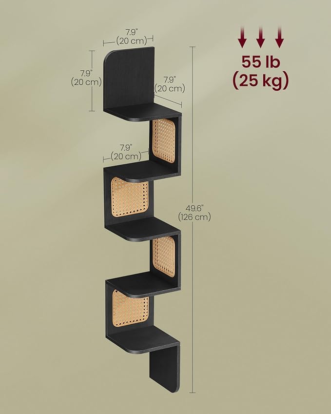 VASAGLE 5-Tier Corner Shelf, Wall Mounted Floating Shelf, Zigzag Corner Shelf Unit, PVC Rattan Sides, Space-Saving, for Kitchen, Living Room, Bedroom, Boho Style, Ash Black ULLS582BF01S