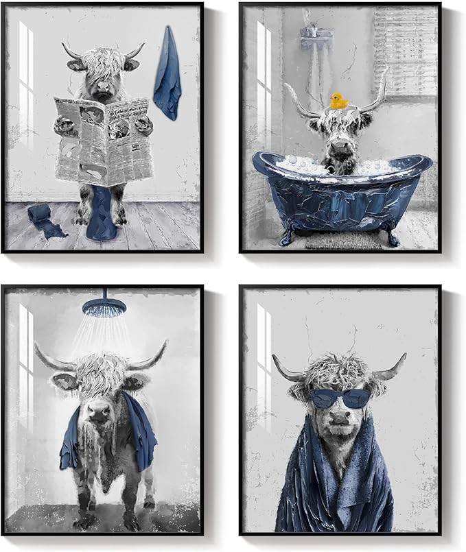 Framed Funny Highland Cow Wall Art for Bathroom Wall Decor, Set of 4 Piece Farm Fun Animal Navy Blue Prints Artwork for Walls, Cute Cow sitting on Toilet in Bathtub Pictures for Bathroom Decor Wall Art 11x14 Inch