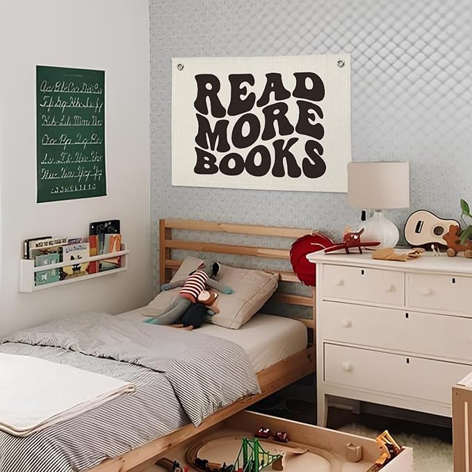 Reading Nook Decor Classroom Banner - Kids Room Decor, Reading Party Decorations, Kids Library Wall Hanging, Read More Books Linen Canvas Banner Flag for Nursery Playroom Homeschool 20x30