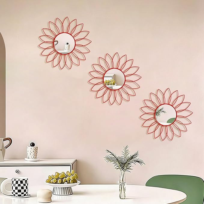 3 Pack Metal Mirrors for Wall Sunburst Wall Mirrors Home Décor Decorative Hanging Wall Art for Living Room Bedroom Entryway (Red, Flowers)