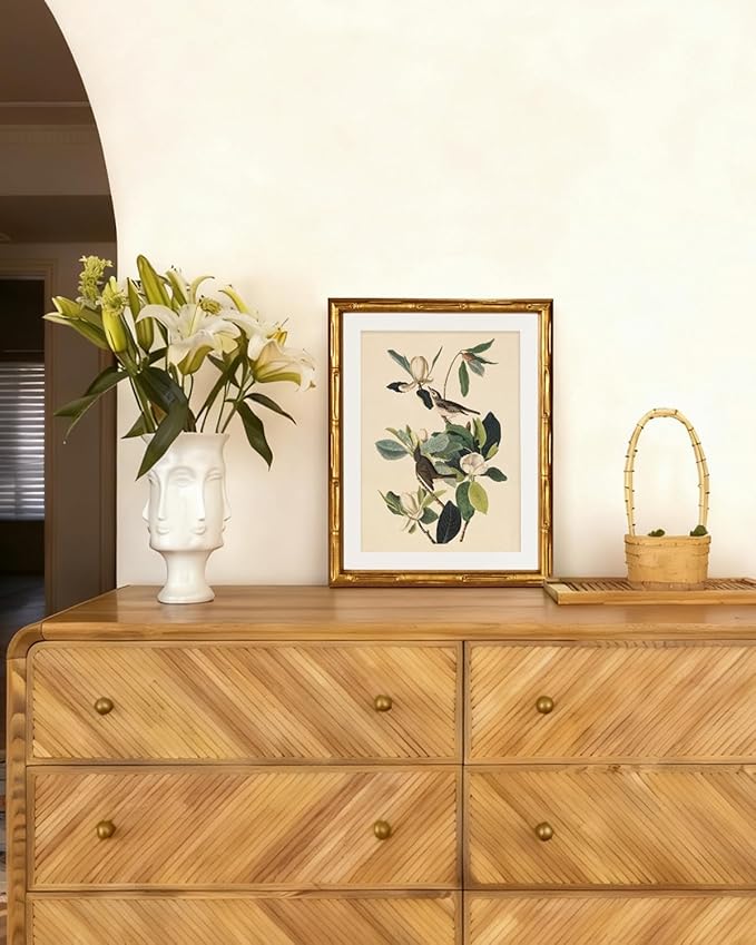 InSimSea Gold Bamboo Framed Canvas Wall Art, Neutral Bird Botanical Paintings, Antique Vintage Picture Frame with Mat, Victorian Home Wall Decor for Living Room Bedroom, 11x14inch