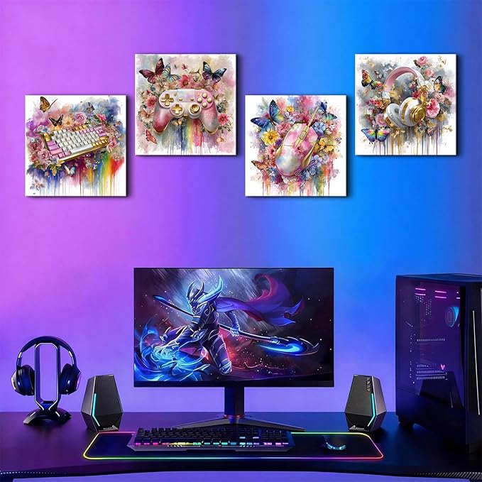 Pink and Gold Gaming Wall Art for Gamer Girls Room Decor Graffiti Flowers Butterfly Pictures Bedroom Playroom Aesthetic Game Gamepad Headphone Canvas Prints Games Posters Home Decoration 12x12” 4Pcs