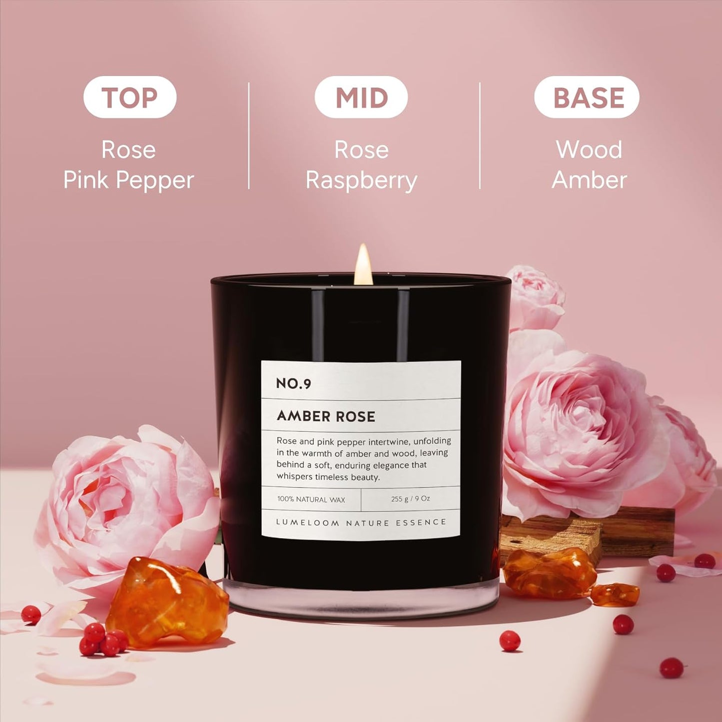 Amber & Rose Luxury Scented Candles, 9oz Soy Wax Candles for Home Scented, Rose, Wood, Amber Scent, Long Burning Time, Gifts for Women, Friends, Men, Sister, Mom, Teacher