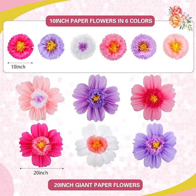 Crowye 12 Pcs Large Colorful Tissue Paper Flowers Decorations 20" Giant Fiesta Craft Crepe Paper Flowers for Wall Decor Backdrop Mexican Wedding Birthday Carnival Party (Bright Color)