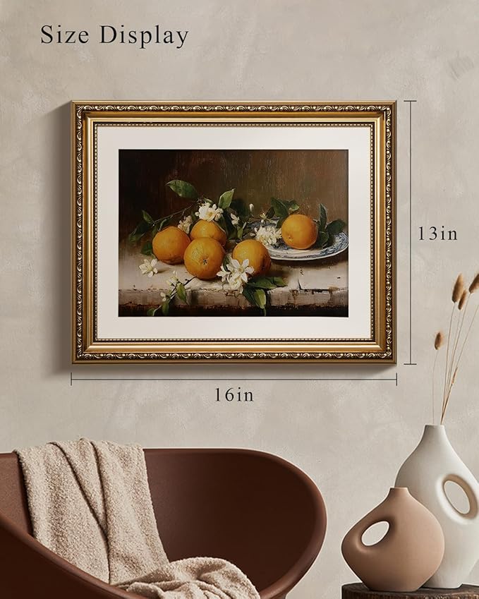 VIYYIEA Gold Framed Vintage Still Life Orange Fruit Canvas Wall Art, Elegant Rustic Kitchen Decor | Zero-Glare No Glass Design, Lightweight, Textured Feel, Easy Hanging | 13x16 Inch