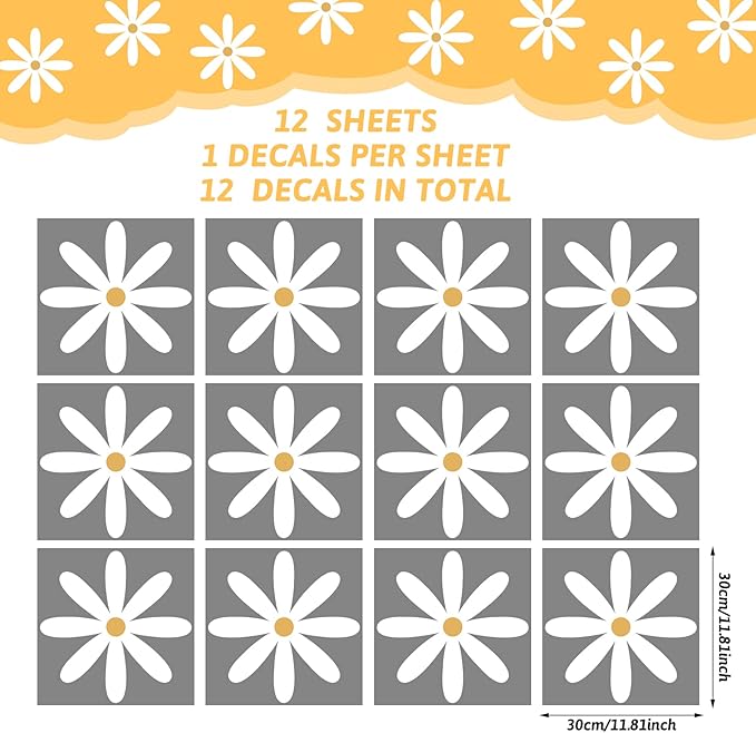 TaoBary 12 Sheet Daisy Wall Sticker Decal Removable Cute Daisy Bedroom Room Decor Flower Wall Sticker Pink White Flower Decal Wallpaper Peel and Stick for Nursery Home(White, Yellow,Fresh Style)