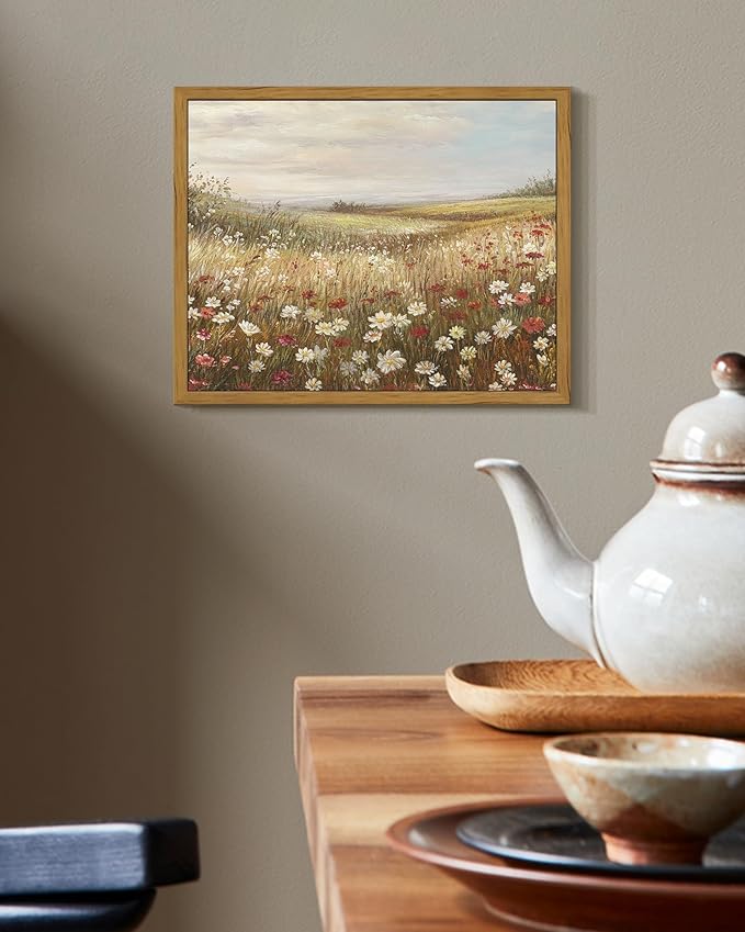 SHENIFY Vintage Framed Wall Art Meadow with Flowers Landscape Scenery Home Decor Retro Wildflower Field Decorations for Farmhouse Bedroom Ready to Hang Wall Artwork - 8x10in Natural Framed