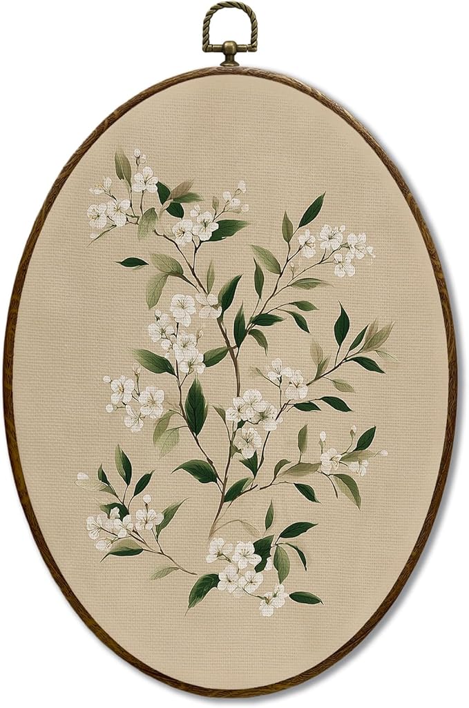 JQF Vintage Floral Jasmine Oval Wall Art, Cottagecore Botanical Oval Canvas Wall Art, Rustic Floral Framed Prints Hanging Decor for Home Bedroom Living Room, 8.5x11.5 Inch