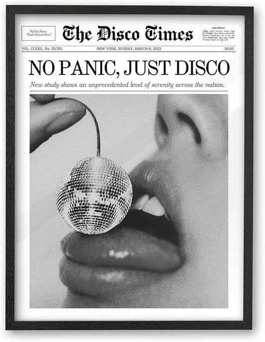 iHery Premium Natural Black OAK Wood 12x16in No Panic Just Disco Trendy Framed Wall Art, Retro Cherry Disco Ball Headline Magazine Canvas Wall Decor For Girly Dorm Bedroom Living Room 1Pack