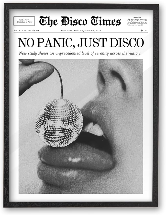 iHery Premium Natural Black OAK Wood 16x20in No Panic Just Disco Trendy Framed Wall Art, Retro Cherry Disco Ball Headline Magazine Canvas Wall Decor For Girly Dorm Bedroom Living Room 1Pack