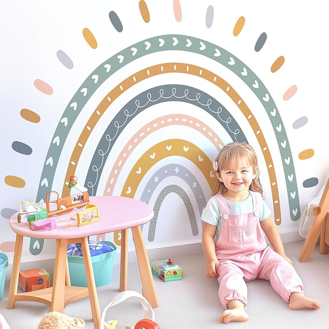 Large Cute Rainbow Wall Decals, Boho Sun Peel and Stick Fabric Nursery Wall Decor, Removable Home Room Wall Decor Murals Stickers for Kids Girls Toddler Bedroom Living Room Playroom