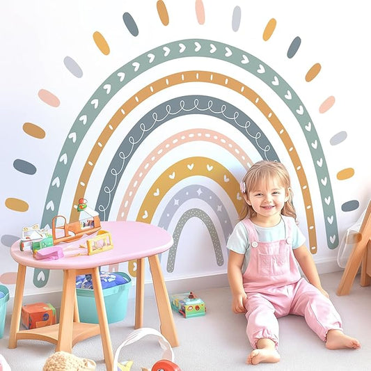 Large Cute Rainbow Wall Decals, Boho Sun Peel and Stick Fabric Nursery Wall Decor, Removable Home Room Wall Decor Murals Stickers for Kids Girls Toddler Bedroom Living Room Playroom