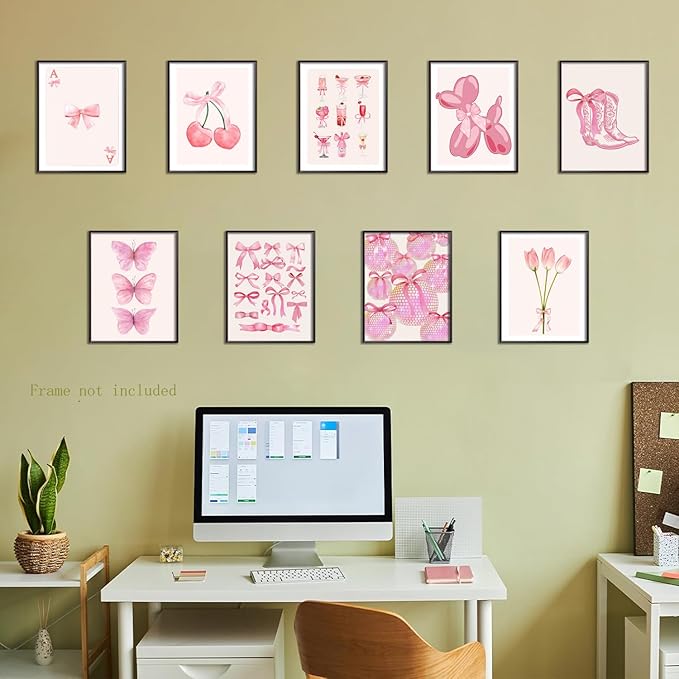 Ucninvd Pink Bow Wall Art Posters Set of 9 Trendy Coquette Preppy Wall Decor Paintings Disco Ball Girly Room Decor Aesthetic Canvas Pictures Prints for Bathroom Living Room Dorm 8x10Inch Unframed
