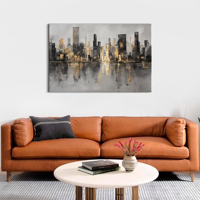 Abstract New York Skyline Wall Art Modern Black and Gold City Canvas Prints NYC Skyline Paintings Grey Contemporary Cityscape Framed Artwork for LIving Room Bedroom Office Home Decorations 32x48