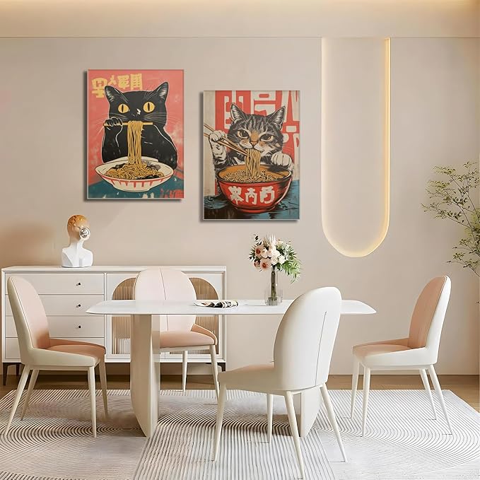 Framed Funny Black Cat Canvas Wall Art Set of 2, Vintage Japanese Cat Eating Ramen Poster, Unique Gifts and Animal Lover Printing Picture for Living Room Kitchen Dining Room Wall Decor 16x24 Inch