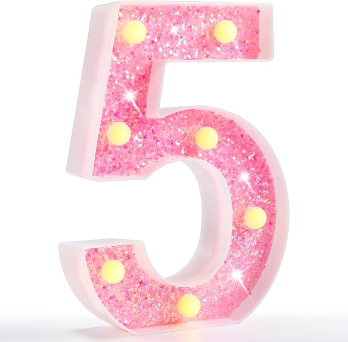 Pooqla Marquee Number Lights, Pink Light Up Numbers for Girls 5th 15th Birthday, Battery Powered Glitter Number Night Light Gift for Christmas Bedroom Dorm Party Decoration, Pink Number 5