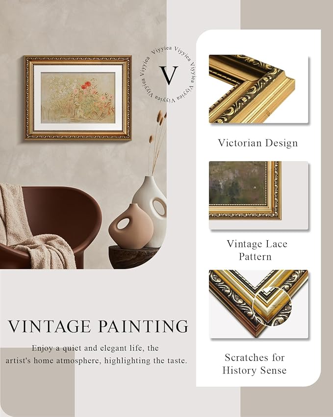 VIYYIEA Gold Framed Vintage Floral Garden Canvas Wall Art, Elegant Wall Decor for Living Room, Bedroom or Office - Modern Home Aesthetic | No-Glass Design, Lightweight Anti-Glare Finish | 11x14 Inch
