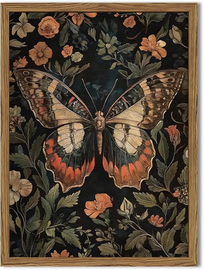 Framed Vintage Butterfly Wall Art, Dark Academia Flowers Insect Pictures Wall Decor Paintings, 3D Textured Sandstone Nature Botanical Prints for Living Room Bedroom Office Home Decor 16x24 inch