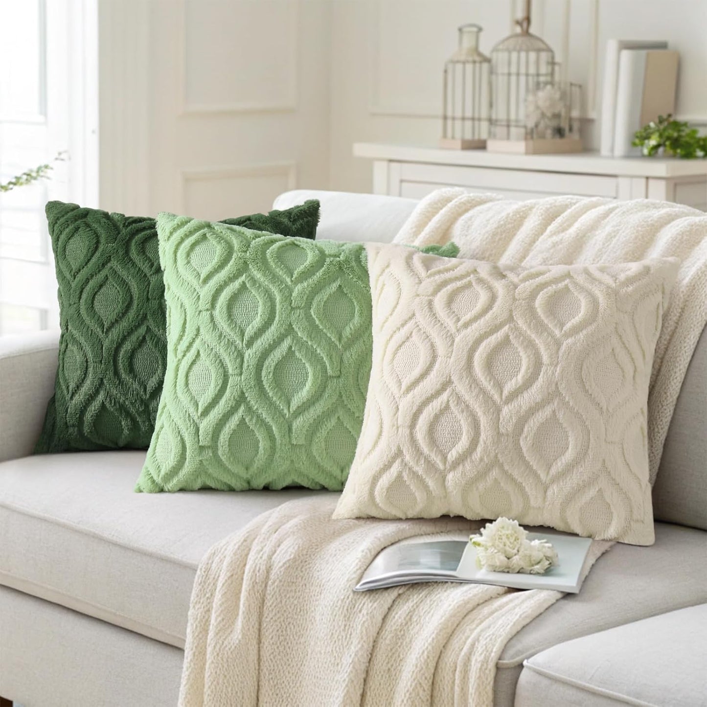 decorUhome Throw Pillow Covers 26x26 Inch Set of 2, Soft Plush Decorative Faux Fur Sage Green Solid Couch Pillow Covers, Accent Farmhouse Neutral Square Euro Pillow Cases for Sofa Bed Living Room