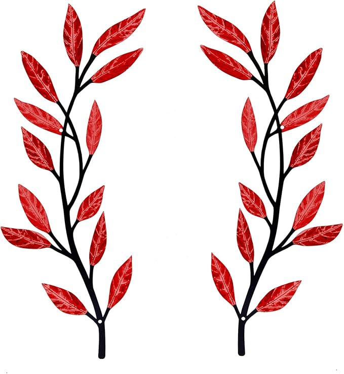 Metal Tree Leaf Wall Decor 2 PCS Rustic Vine Branch Leaf Wall Art for Living Room Bedroom Bathroom Decorations - Red