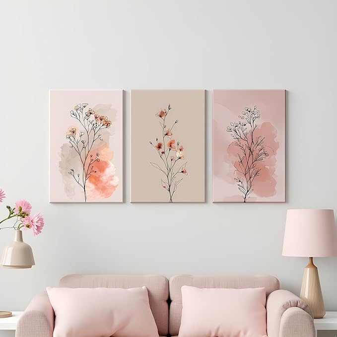 okudolit Boho Vintage Flower Wall Art Set of 3 Minimalist Floral Botanical Prints Rustic Wildflower Wall Decor Beige and Pink Neutral Plant Painting for Living Room Bedroom Office-12x16in