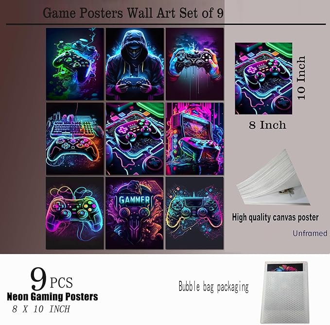 Ucninvd Game Posters Wall Art Set of 9, Neon Gaming Wall Decor Game Room Decor Paintings, Video Gamer Accessories Canvas Picture Prints for Boys Gamer Teen Room Bedroom Decor 8x10In Unframed