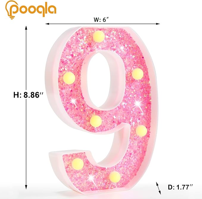 Pooqla Marquee Numbers, Pink Light Up Numbers for Girls 9th Birthday, Battery Powered Glitter Number Night Light Gift for Christmas Bedroom Dorm Classroom Party Decoration, Pink Number 9