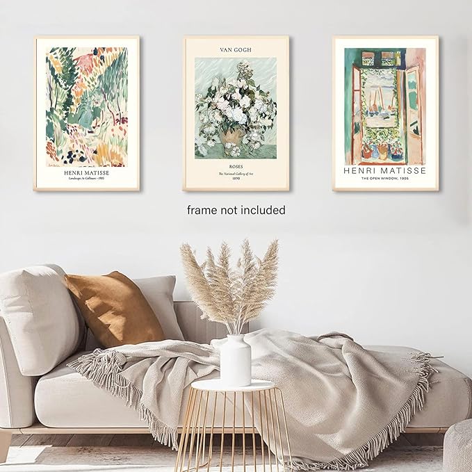 LYPHNX Sage Green Matisse Poster Wall Art Vintage Abstract Floral Prints Set of 3 Mid Century Aesthetic Flower Artwork Painting Picture Canva Decor for Living Room Bedroom Bathroom 12"x16" Unframed