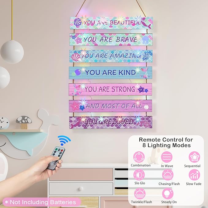 FIOBEE Girls Room Décor for Teen Girls Boys with LED Light Wall Decor for Bedroom Motivational Inspirational Wall Art Room Decoration for Kids Studyroom, 8 Kinds of Lights, Pink Green Mermaid