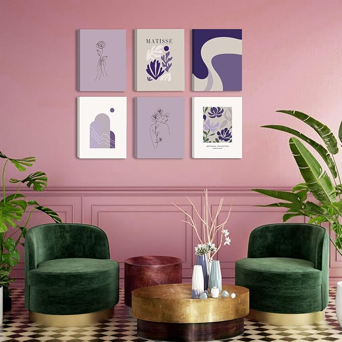 CHDITB Matisse Theme Wall Decor Purple Flowers Canvas Prints Minimalist Floral Framed Set of 6(12”X16”)Matisse Wall Art Posters Abstract Matisse Botanical Decor for Living Room Dress Room Girls Room