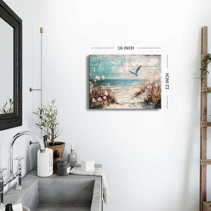 Beach Wall Art Coastal Bathroom Decor Nature Ocean Landscape Pictures Nautical Seagull Seaside Flowers Canvas Prints Vintage Modern Seascape Artwork for Bedroom Living Room Home Decoration 12x16"