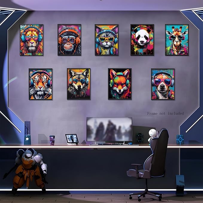 Ucninvd Graffiti Gaming Posters Wall Art Set of 9, Boys Gamer Controller Wall Decor Paintings, DJ Animals Earphone Picture Prints Boys Room Kids teeny for Room Bedroom Decoration 8x10In Unframed